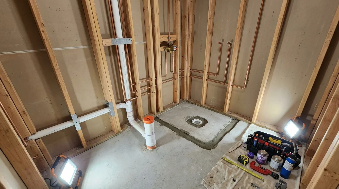 Bathroom rough-in plumbing during remodel by Johns Plumbing LLC in Bishop