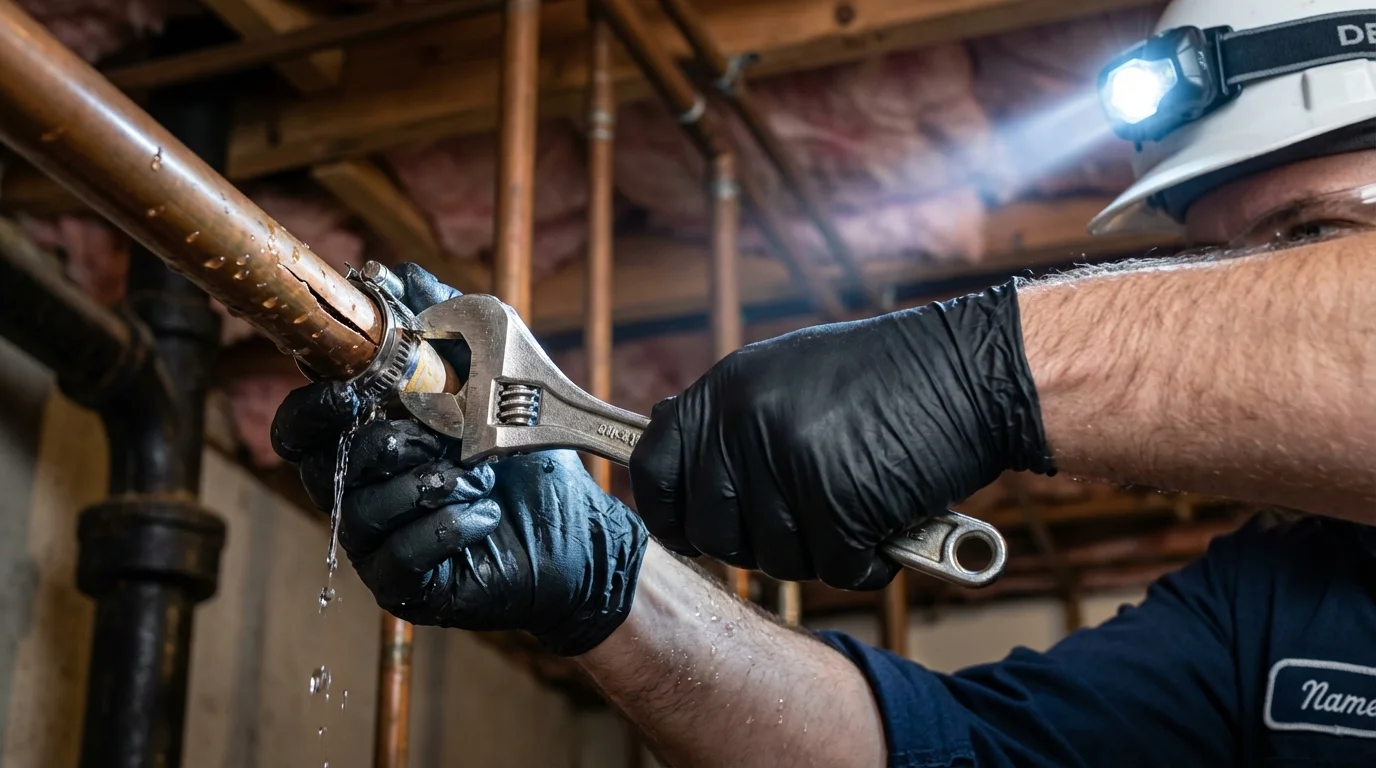 Emergency pipe clamp repair being performed by a Johns Plumbing LLC plumber in Bishop