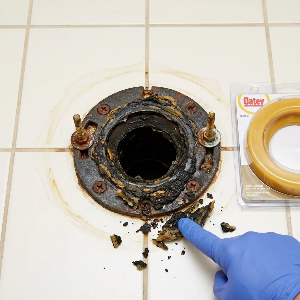 Failed wax ring showing water seepage at the base of a toilet in a Bishop, TX home