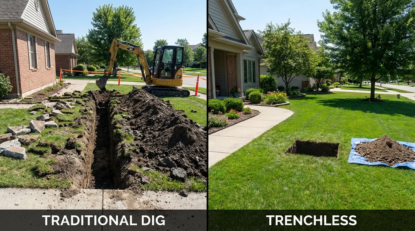 Trenchless sewer repair with minimal yard damage versus traditional excavation in Bishop, TX