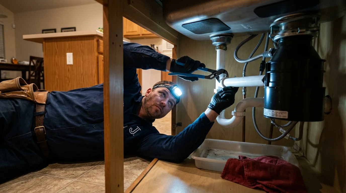 P-trap and supply line connections under a kitchen sink showing a common leak point in Bishop, TX